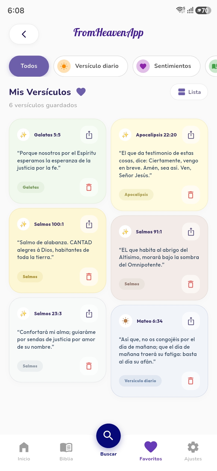Pantalla de favoritos de FromHeavenApp