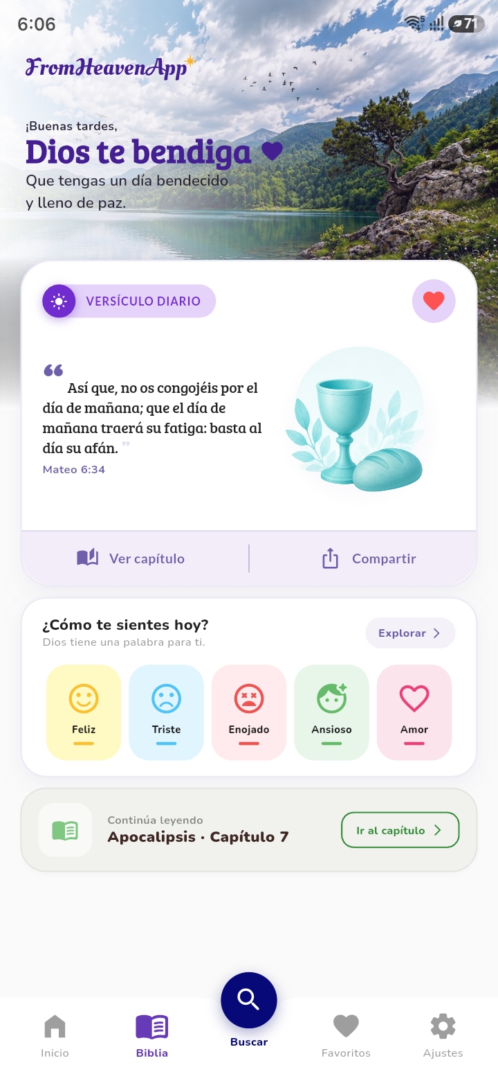 Pantalla de inicio de FromHeavenApp